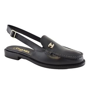 Chanel 25P Black Leather CC Crystal Logo Coco Sling Slingback Ballet Flat 40